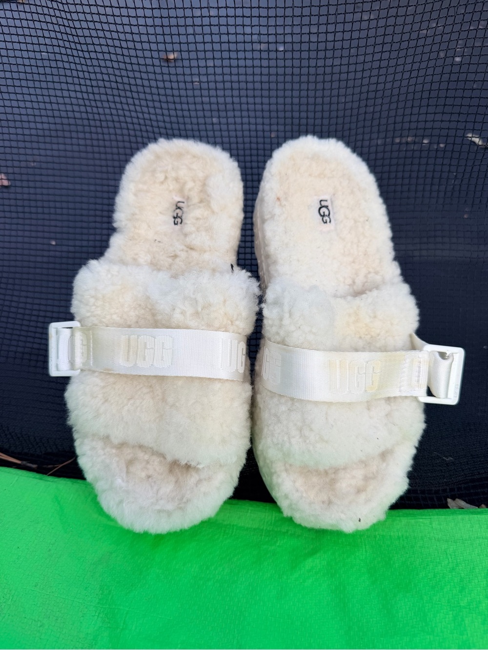 UGG Cream Shearling Slide Slippers with Branded Strap